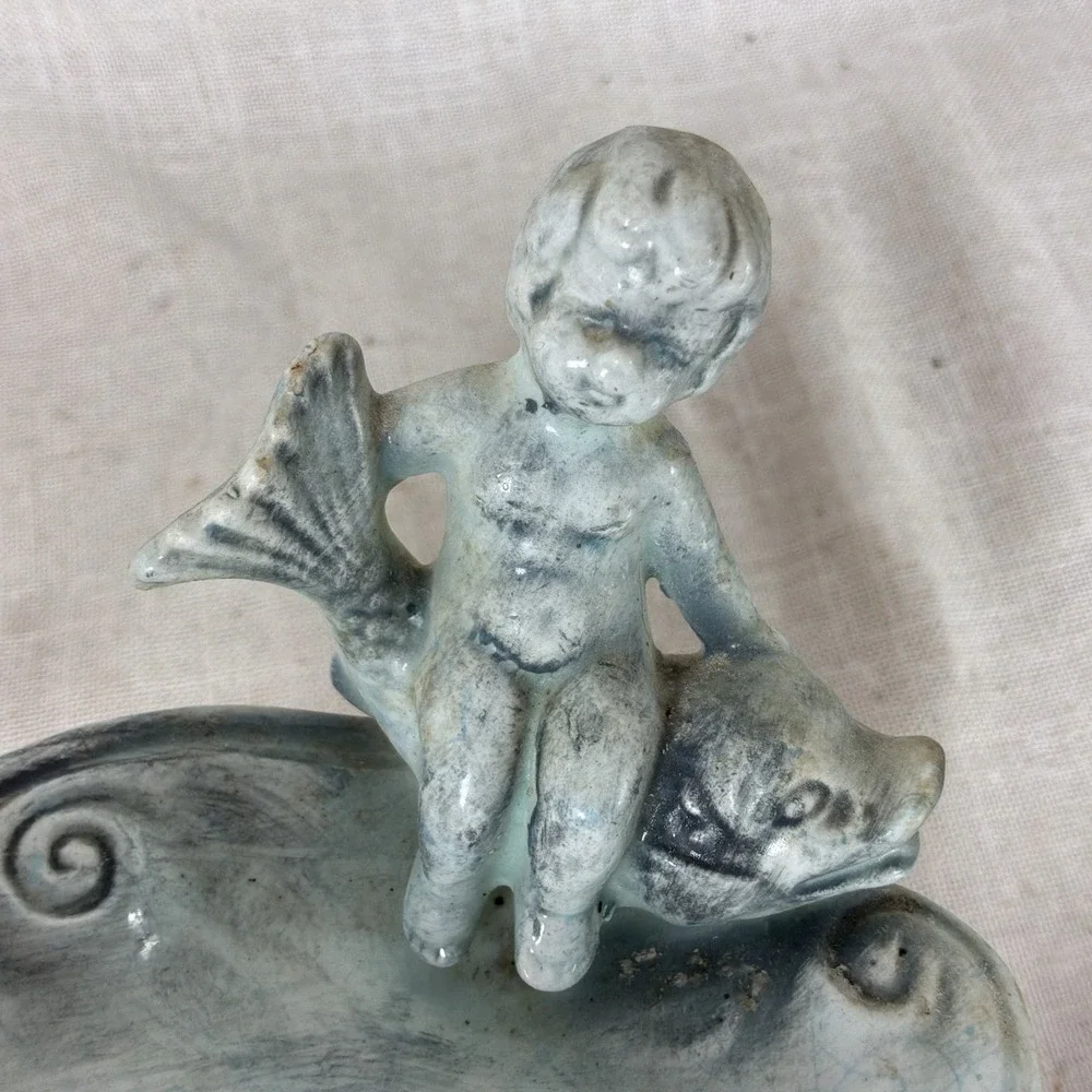 VINTAGE ENESCO Nautical Cherub Boy On Koi Fish Bathroom Soap/Trinket Dish E-4066
